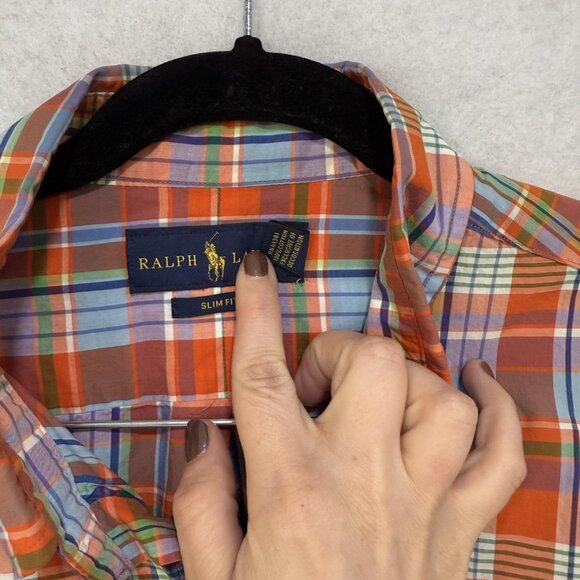 Ralph Lauren Shirt Mens Large Orange Blue Plaid Slim Fit Button Down Long Sleeve - Picture 6 of 9